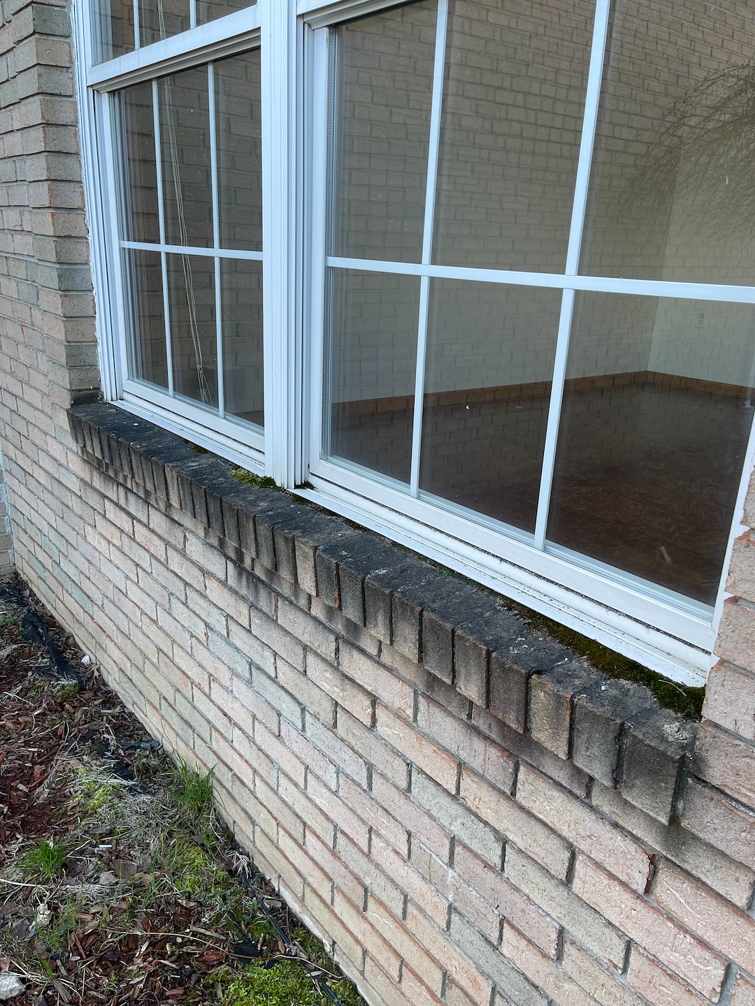 Residential Pressure Washing Removing Algae and Moss From Brick Window Ledges on a North Royalton Home
